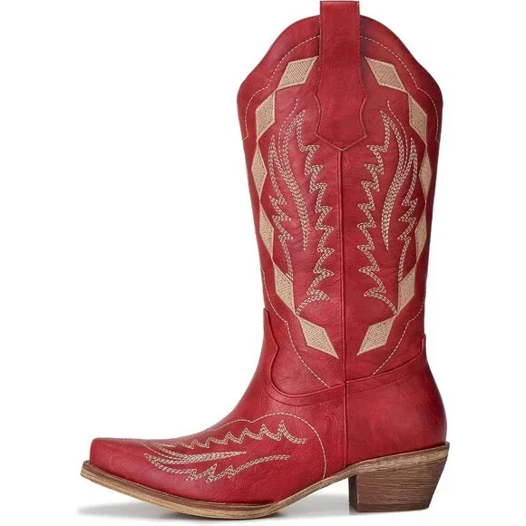 Women’s Faux Leather Mid Calf Red Embroidery Stacked Heel Western Boots - Picture 2 of 7